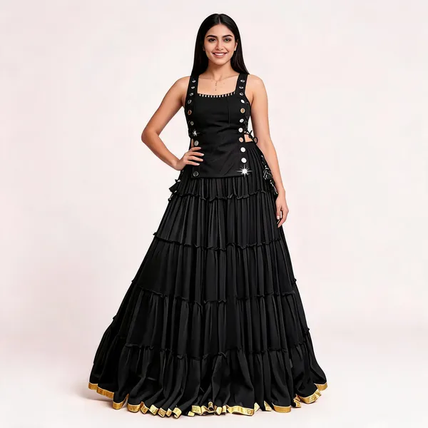 Black_Cotton_Ruffle_Tiered_Lehenga_Choli_For_Women