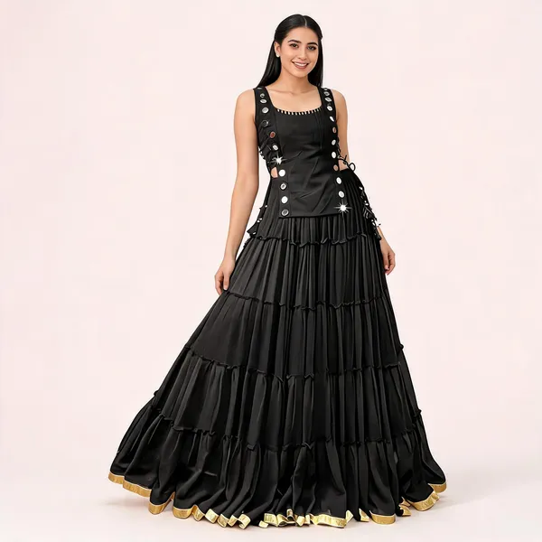 Black_Cotton_Ruffle_Tiered_Lehenga_Choli_For_Women