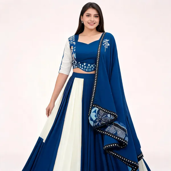 Blue_&_White_Pure_Rayon_Flared_Lehenga_Choli_For_Women