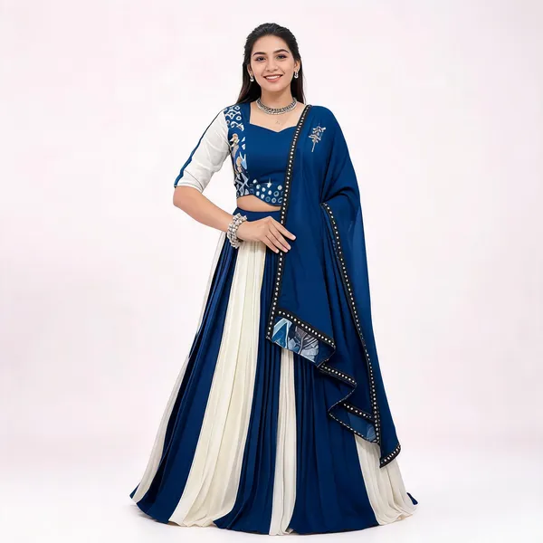 Blue_&_White_Pure_Rayon_Flared_Lehenga_Choli_For_Women