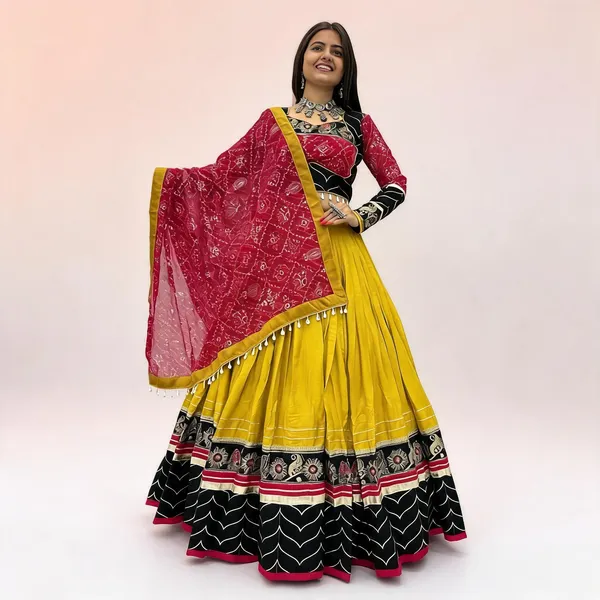 Yellow_&_Pink_Riyon_Cotton_Flared_Lehenga_Choli_For_Women