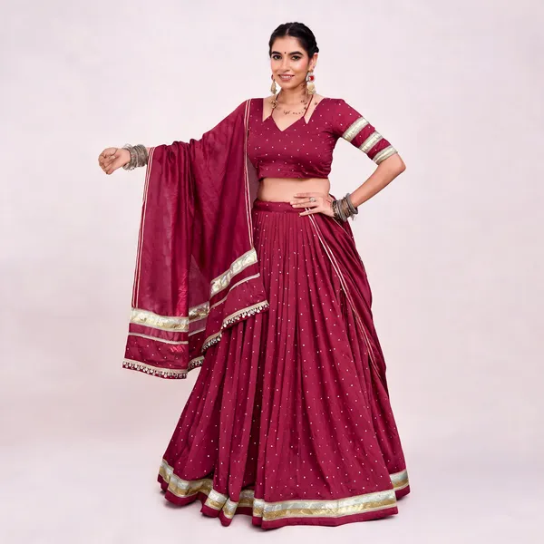 Red_Tasar_Silk_Flared_Lehenga_Choli_For_Women