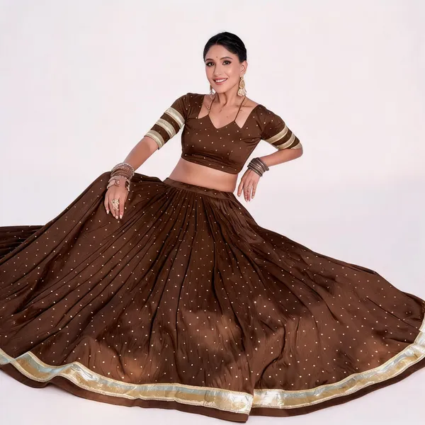 Brown_Pure_Chanderi_Flared_Lehenga_Choli_For_Women