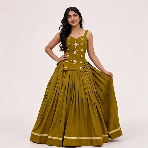 Olive_Green_Pure_Cotton_Lehenga_Choli_For_Women