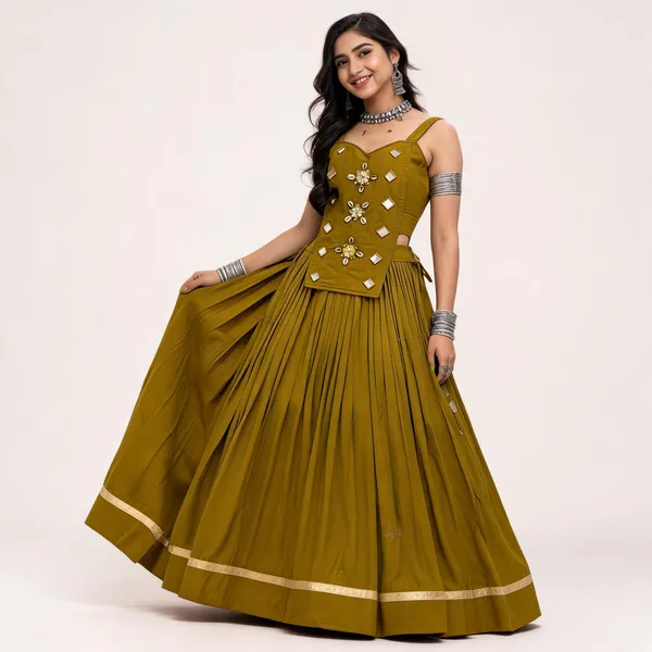 Olive_Green_Pure_Cotton_Lehenga_Choli_For_Women