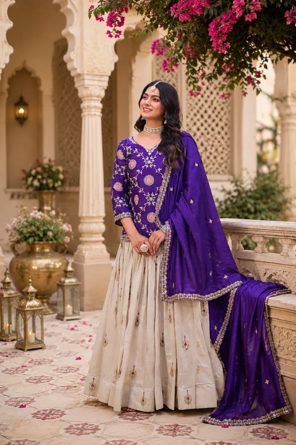 White_&_Orange_Pure_Chinon_Embroidered_Lehenga_Choli_For_Women