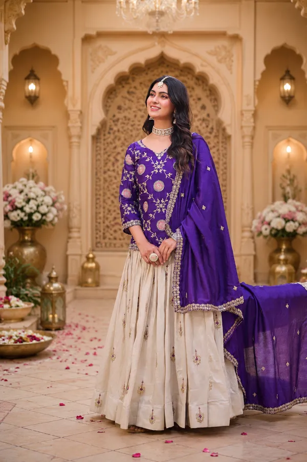 White_&_Orange_Pure_Chinon_Embroidered_Lehenga_Choli_For_Women