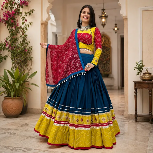 Blue_Yellow_&_Pink_Riyon_Cotton_Flared_Lehenga_Choli_For_Women