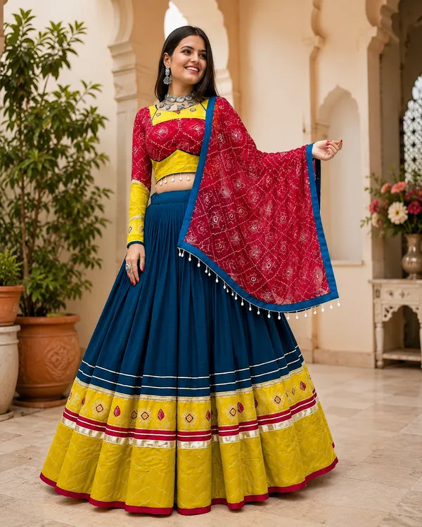 Blue_Yellow_&_Pink_Riyon_Cotton_Flared_Lehenga_Choli_For_Women