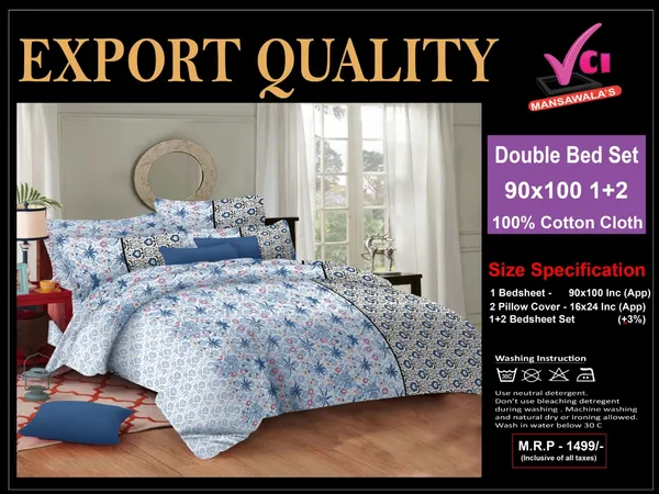 White_And_Blue_100%_Pure_Cotton_-_180Tc_Queen_Size_Bedsheet_1+2_Set_For_Bedding