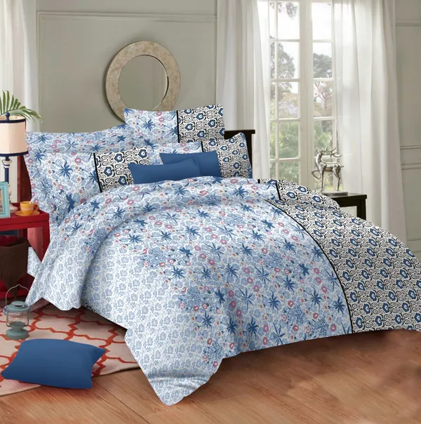 White_And_Blue_100%_Pure_Cotton_-_180Tc_Queen_Size_Bedsheet_1+2_Set_For_Bedding