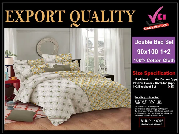 Export_Quality_180TC_Pure_Cotton_Floral_Off_White_&_Yellow_Queen_Size_Bedsheet_Set_With_2_Pillow_Covers