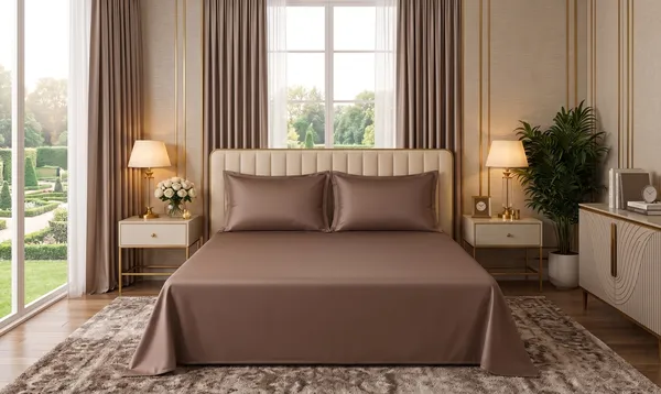 Brown_330Tc_100%_Pure_Cotton_Satin_-_Solid_Colour_King_Size_Bedsheet_1+4_Set1U_King_Size_Bedsheet2U_Pillow_Cover2U_Cushion_Cover_For_Bedding