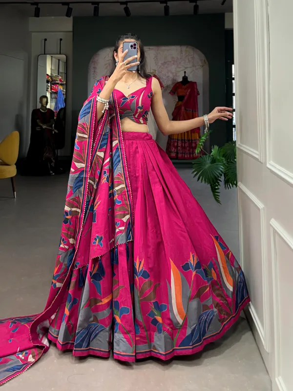 Designer_Rani_Pink_Floral_Print_Lehenga_Choli_Set_with_Matching_Printed_Dupatta_&_Tassel_Detailing