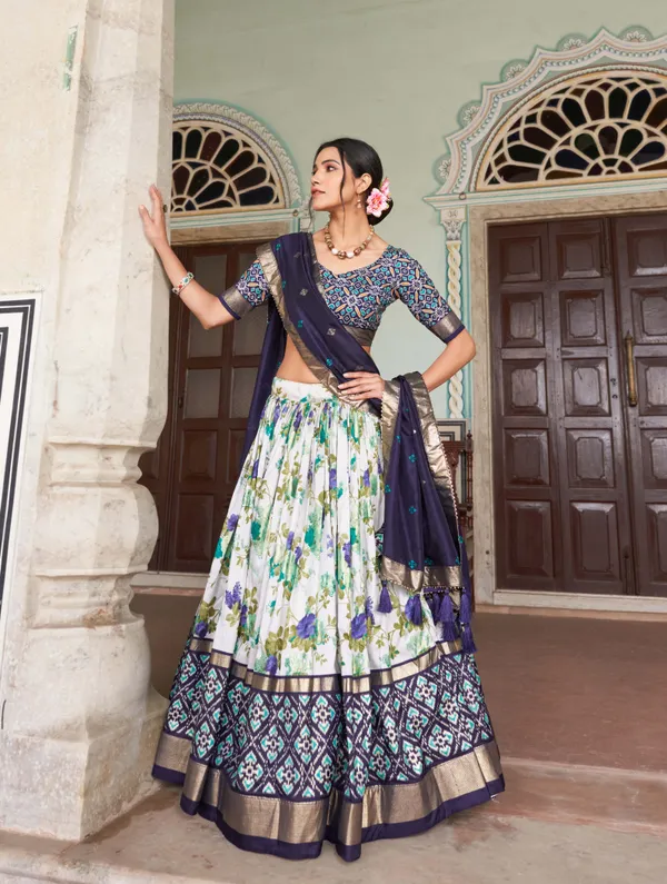 Navy_Blue_Patola_Print_With_Foil_Work_Dola_Silk_Lehenga_Choli_For_Women