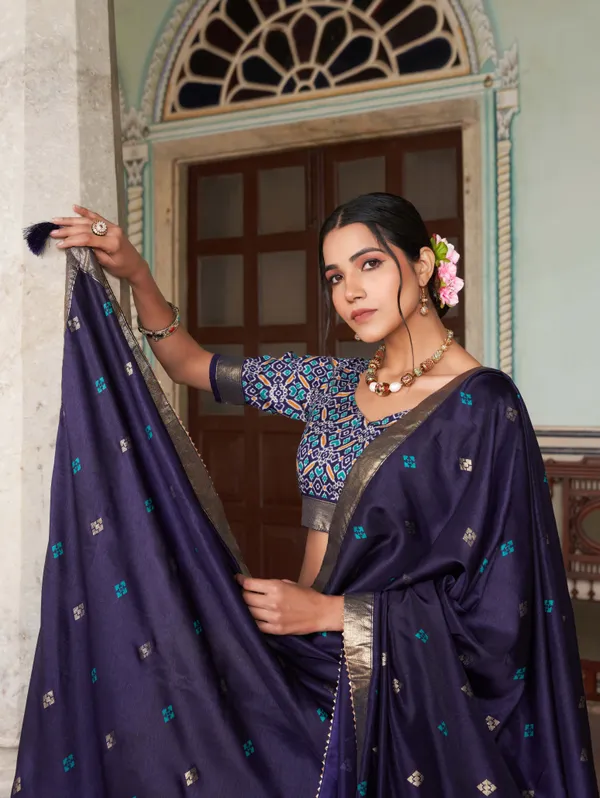 Navy_Blue_Patola_Print_With_Foil_Work_Dola_Silk_Lehenga_Choli_For_Women