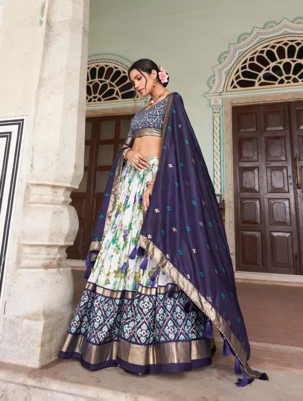 Navy_Blue_Patola_Print_With_Foil_Work_Dola_Silk_Lehenga_Choli_For_Women