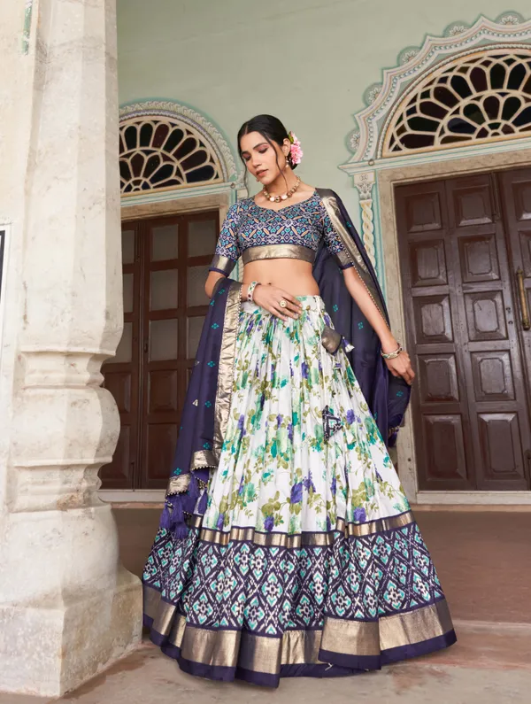 Navy_Blue_Patola_Print_With_Foil_Work_Dola_Silk_Lehenga_Choli_For_Women