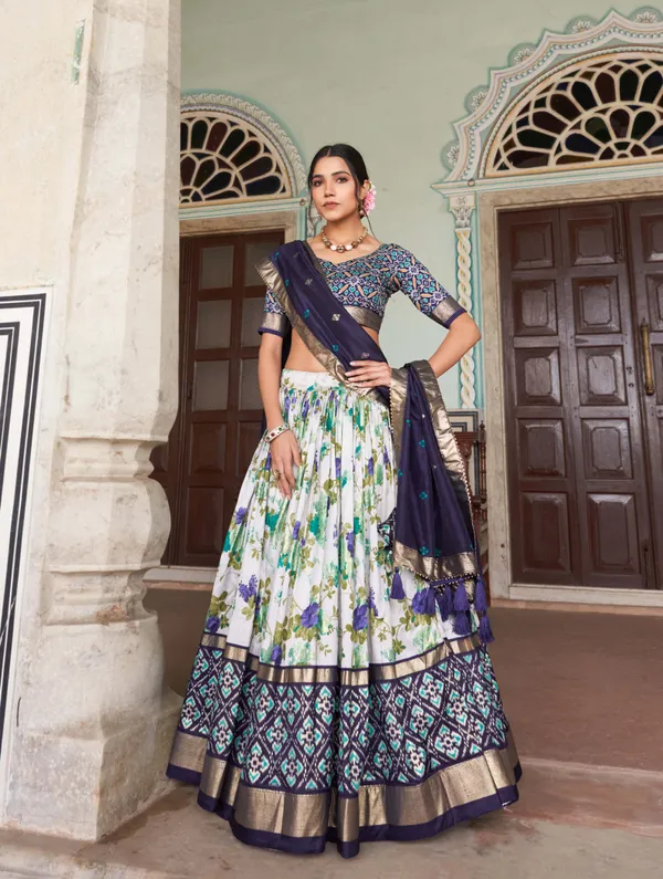 Navy_Blue_Patola_Print_With_Foil_Work_Dola_Silk_Lehenga_Choli_For_Women
