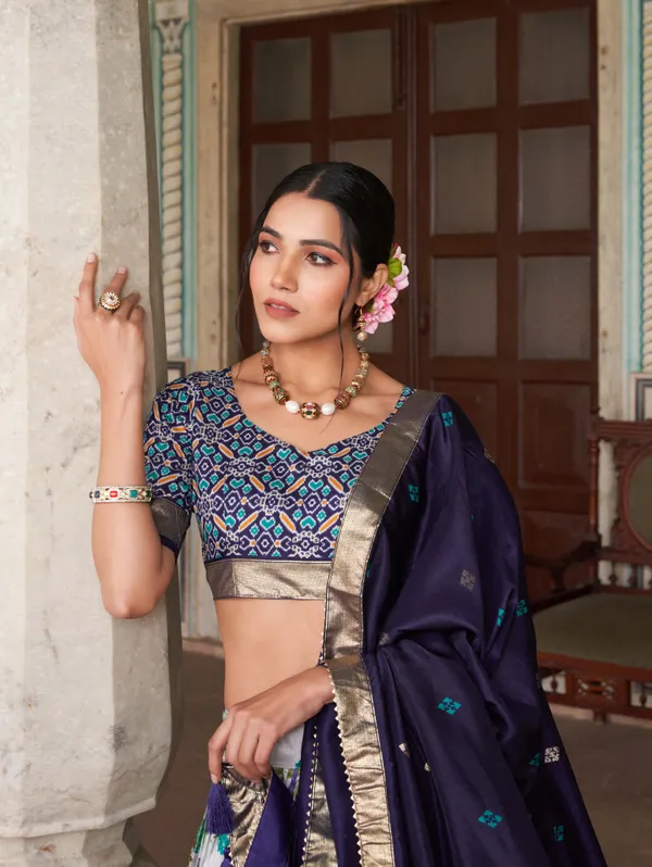 Navy_Blue_Patola_Print_With_Foil_Work_Dola_Silk_Lehenga_Choli_For_Women