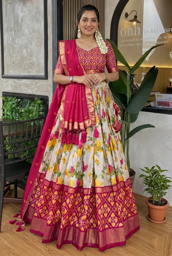 Pink_Patola_Print_With_Foil_Work_Dola_Silk_Lehenga_Choli_For_Women