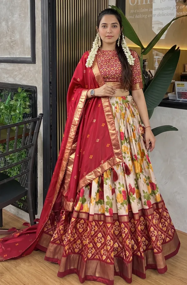 Red_Patola_Print_With_Foil_Work_Dola_Silk_Lehenga_Choli_For_Women