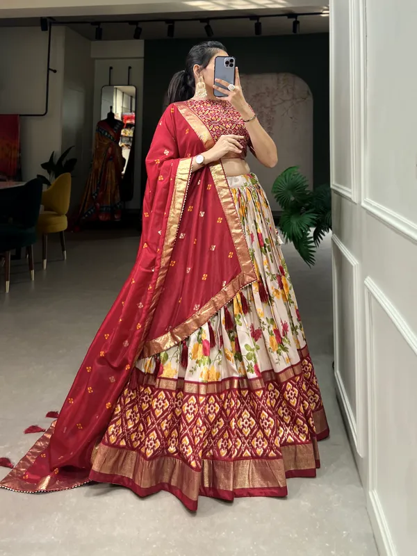 Red_Patola_Print_With_Foil_Work_Dola_Silk_Lehenga_Choli_For_Women