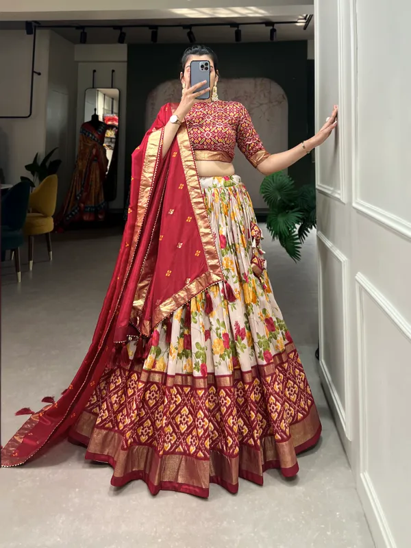 Red_Patola_Print_With_Foil_Work_Dola_Silk_Lehenga_Choli_For_Women