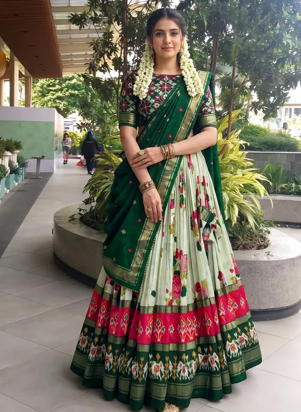 Elegant_Bottle_Green_Floral_Printed_Lehenga_Choli_Set_with_Contrast_White_Skirt,_Ethnic_Border_&_Designer_Dupatta