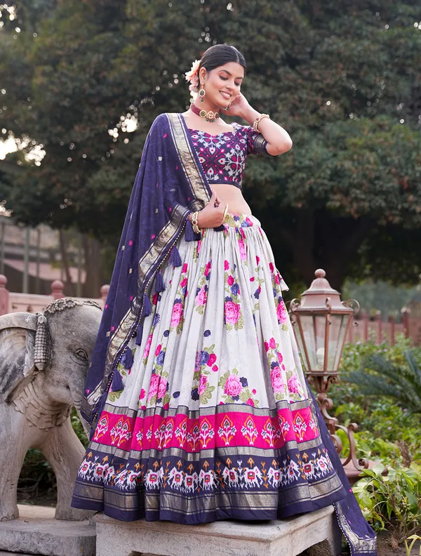 Elegant_Navy_Blue_&_White_Floral_Printed_Lehenga_Choli_Set_with_Ethnic_Border,_Golden_Detailing_&_Designer_Dupatta