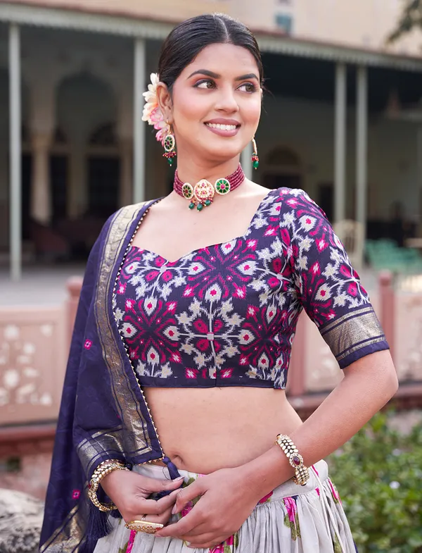 Elegant_Navy_Blue_&_White_Floral_Printed_Lehenga_Choli_Set_with_Ethnic_Border,_Golden_Detailing_&_Designer_Dupatta