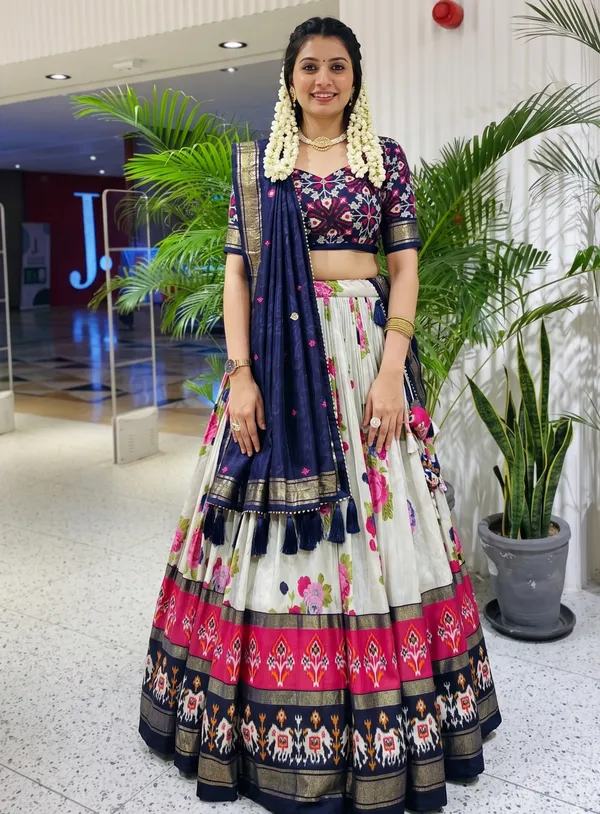Elegant_Navy_Blue_&_White_Floral_Printed_Lehenga_Choli_Set_with_Ethnic_Border,_Golden_Detailing_&_Designer_Dupatta