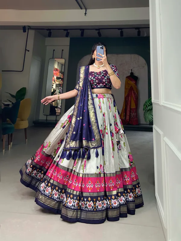 Elegant_Navy_Blue_&_White_Floral_Printed_Lehenga_Choli_Set_with_Ethnic_Border,_Golden_Detailing_&_Designer_Dupatta