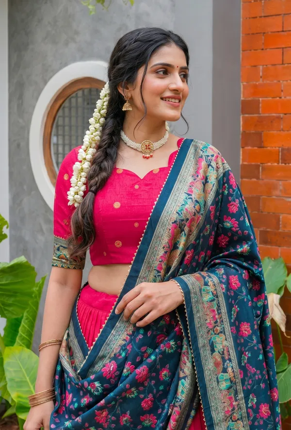 Navy_Blue_And_Red_Patola_Print_With_Foil_Work_Dola_Silk_Lehenga_Choli_For_Women_Pack_Of_2