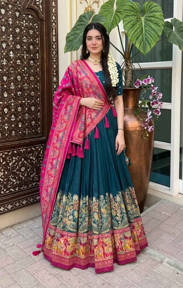 Navy_Blue_And_Red_Patola_Print_With_Foil_Work_Dola_Silk_Lehenga_Choli_For_Women_Pack_Of_2