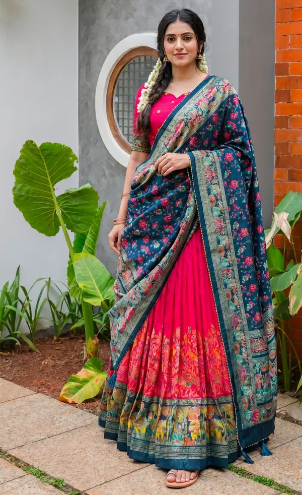 Navy_Blue_And_Red_Patola_Print_With_Foil_Work_Dola_Silk_Lehenga_Choli_For_Women_Pack_Of_2