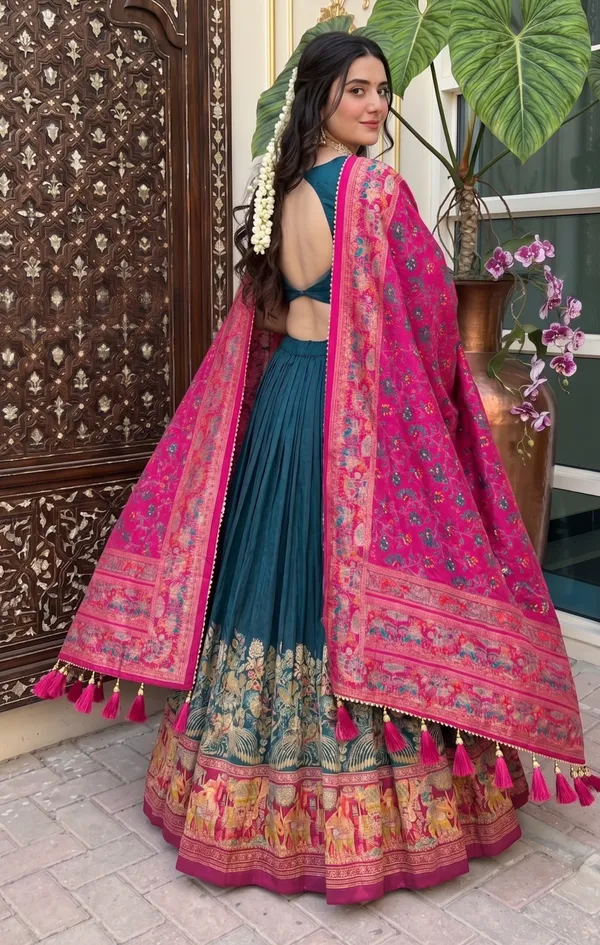 Navy_Blue_And_Red_Patola_Print_With_Foil_Work_Dola_Silk_Lehenga_Choli_For_Women_Pack_Of_2