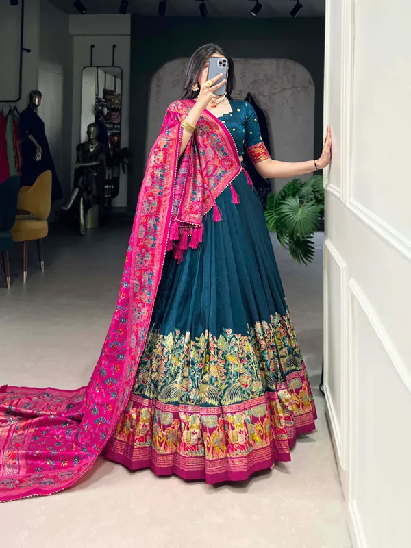 Navy_Blue_And_Red_Patola_Print_With_Foil_Work_Dola_Silk_Lehenga_Choli_For_Women_Pack_Of_2