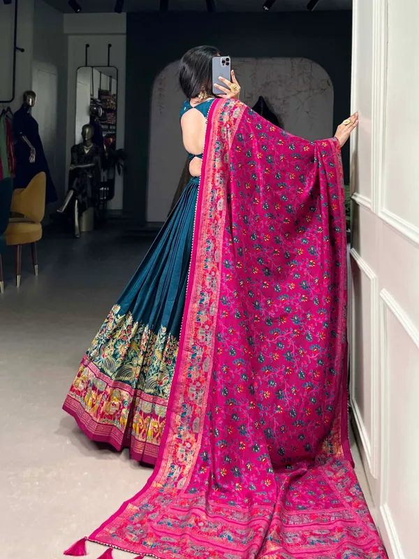Navy_Blue_Patola_Print_With_Foil_Work_Dola_Silk_Lehenga_Choli_For_Women