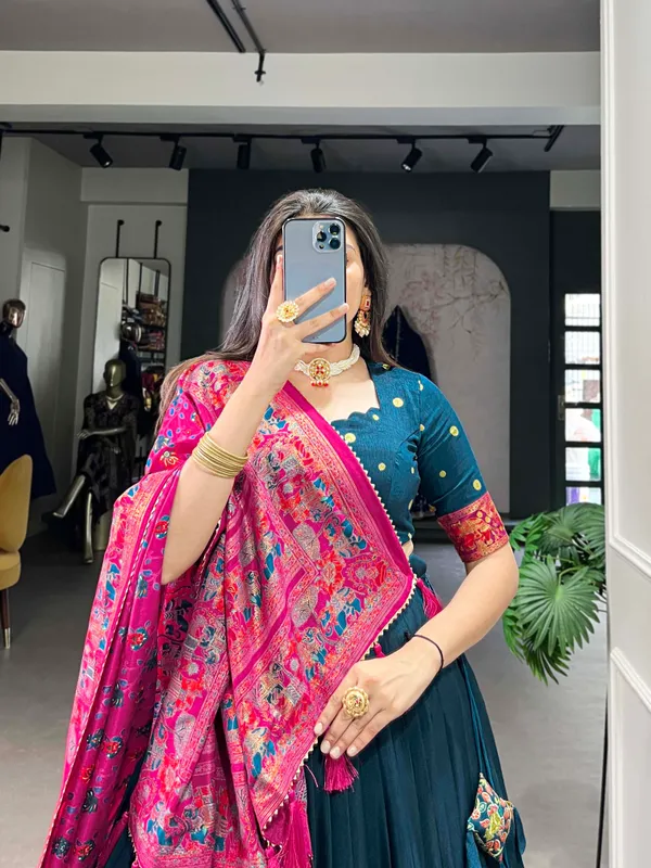 Navy_Blue_Patola_Print_With_Foil_Work_Dola_Silk_Lehenga_Choli_For_Women