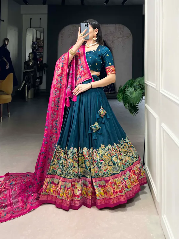 Navy_Blue_Patola_Print_With_Foil_Work_Dola_Silk_Lehenga_Choli_For_Women