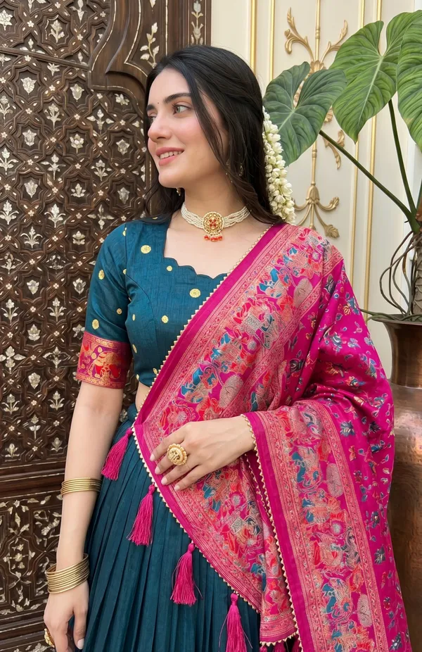 Navy_Blue_Patola_Print_With_Foil_Work_Dola_Silk_Lehenga_Choli_For_Women