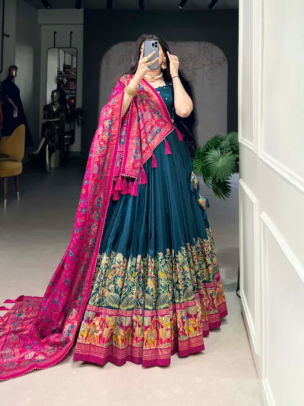 Navy_Blue_Patola_Print_With_Foil_Work_Dola_Silk_Lehenga_Choli_For_Women