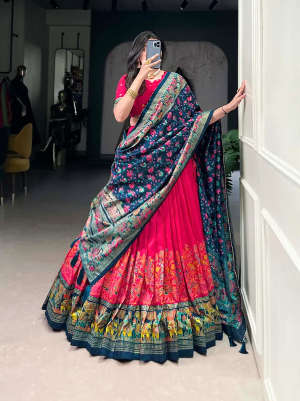 Red_Patola_Print_With_Foil_Work_Dola_Silk_Lehenga_Choli_For_Women