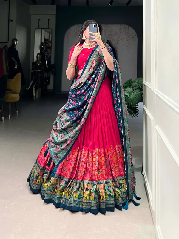 Red_Patola_Print_With_Foil_Work_Dola_Silk_Lehenga_Choli_For_Women