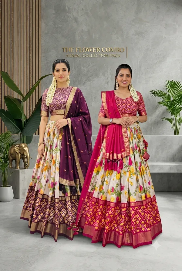 Wine_And_Pink_Patola_Print_With_Foil_Work_Dola_Silk_Lehenga_Choli_For_Women_Pack_Of_2