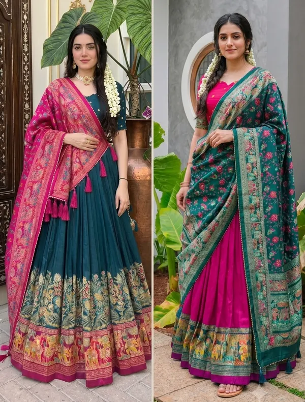 Navy_Blue_And_Red_Patola_Print_With_Foil_Work_Dola_Silk_Lehenga_Choli_For_Women_Pack_Of_2