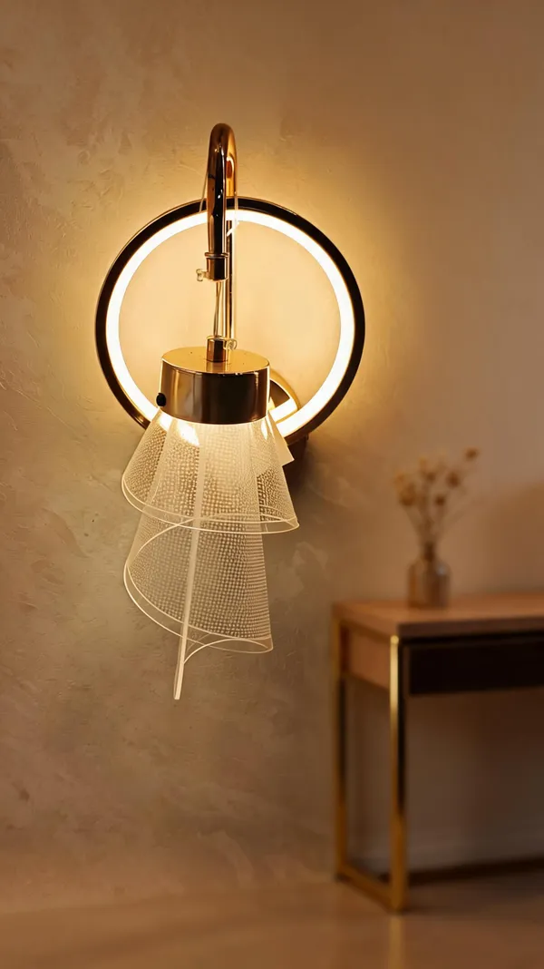 Metal_Glass_Gold_Ring_Cone_Shade_LED_Wall_Light