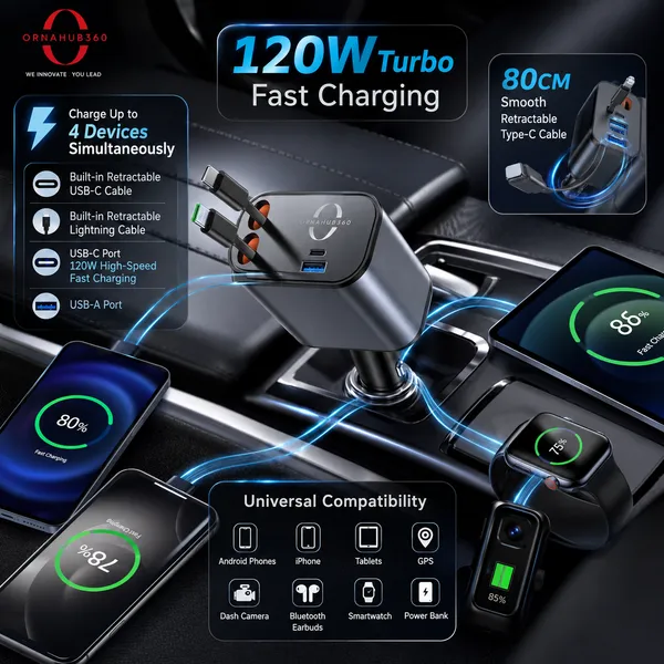 ORNAHUB360_|_COMBO_120W_Fast_Turbo_Car_Charger_|__4_in_1_|_600_GSM_Microfiber_Cleaning_Cloth_Pack_of_3**