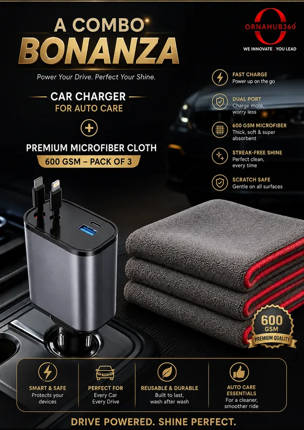 ORNAHUB360_|_COMBO_120W_Fast_Turbo_Car_Charger_|__4_in_1_|_600_GSM_Microfiber_Cleaning_Cloth_Pack_of_3**